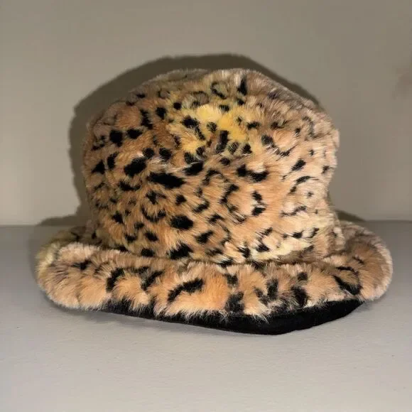 Vintage Liz Claiborne Bucket Hat Womens Leopard Faux Fur Animal Print Plush Soft